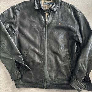 Ralph Lauren Black Leather Bomber Jacket with Polo Pony